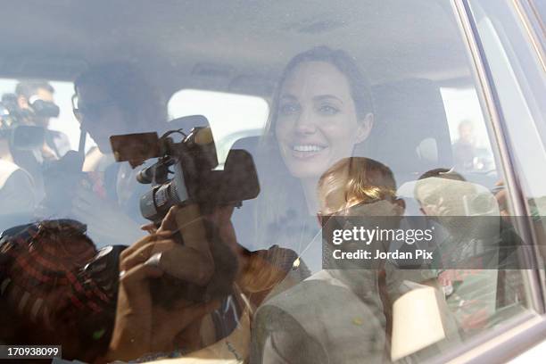 Actress and UNHCR Special Envoy Angelina Jolie attends a press conference with the UN High Commissioner for Refugees, Antonio Guterres and Norwegian...