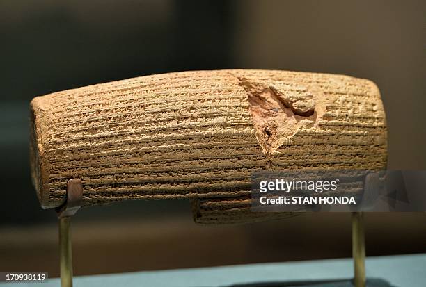 The Cyrus Cylinder, Achaemenid, 539-538 B.C., excavated at Babylon, Iraq on display in "The Cyrus Cylinder and Ancient Persia: Charting a New Empire"...