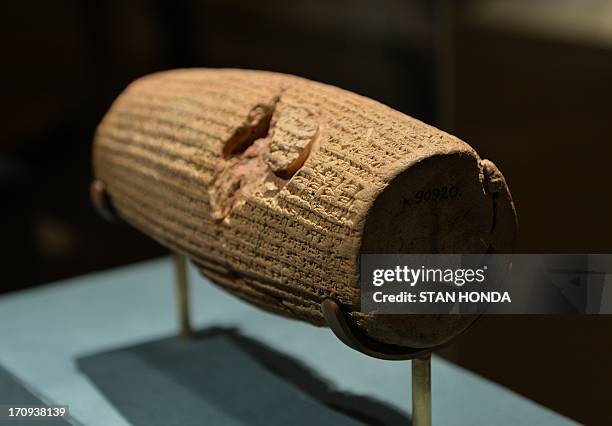 The Cyrus Cylinder, Achaemenid, 539-538 B.C., excavated at Babylon, Iraq on display in "The Cyrus Cylinder and Ancient Persia: Charting a New Empire"...