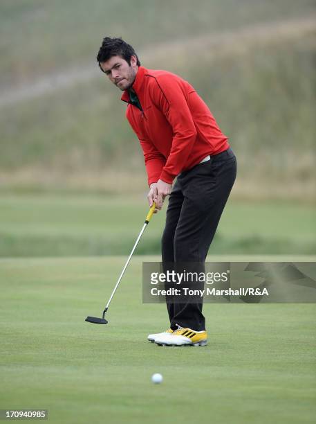 Aaron Kearney of Castlerock putting on the 7th Green during the Matchplay Fourth Round on the Fourth Day of The Amateur Championship at Royal Cinque...