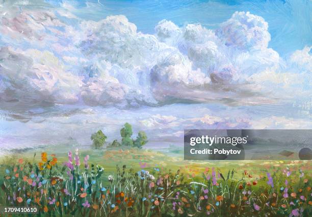 summer landscape in the countryside, impressionism - oil painting flowers stock illustrations