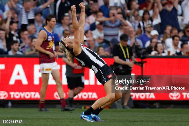 Darcy Moore of the Magpies is seen on the final siren during the 2023 AFL Grand Final match between Collingwood Magpies and Brisbane Lions at...