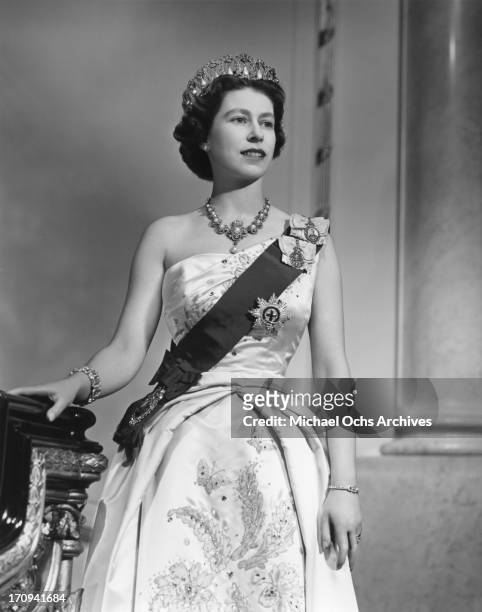 Queen Elizabeth II poses for a portrait at home in Buckingham Palace in December 1958 in London, England.