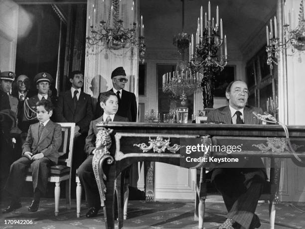 King Hassan II of Morocco giving a press conference at Le Grand Trianon palace near Versailles, during an official visit to France, 25th November...