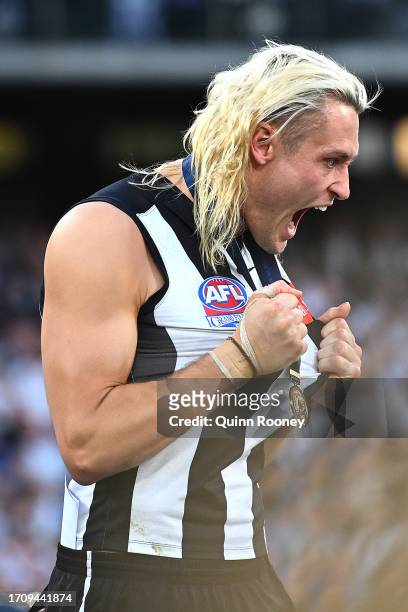 Darcy Moore of the Magpies celebrates winning the premiership during the 2023 AFL Grand Final match between Collingwood Magpies and Brisbane Lions at...
