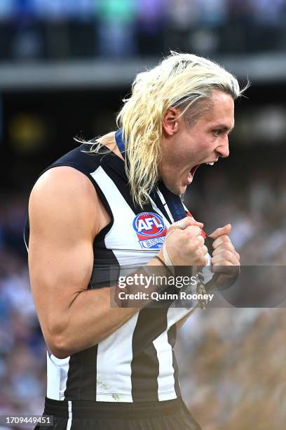 Darcy Moore of the Magpies celebrates winning the premiership during the 2023 AFL Grand Final match between Collingwood Magpies and Brisbane Lions at...