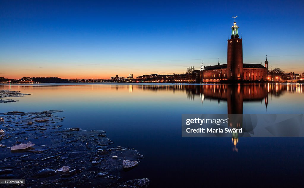 Stockholm City Hall in winter with reflections