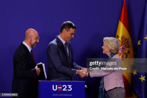 Charles Michel, European Council President, Pedro Sanchez, Prime Minister of Spain and Ursula von der Leyen, President of the European Commission...