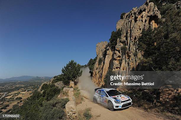 Sebastien Ogier of France and Julien Ingrassia of France compete in their Volkswagen Motorsport Polo R WRC during the Shakedown of the WRC Italy on...