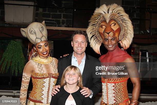 Chantel Riley as "Nala", "The Bachelor/The Bachelorette" host Chris Harrison, daughter Taylor and Andile Gumbi as "Simba" pose backstage at Disney's...