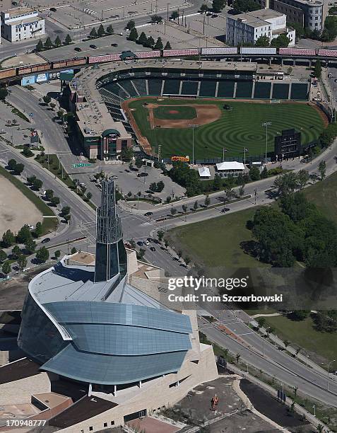 An aerial view of the Canadian Museum for Human Rights and Shaw Park in the background are seen from above on June 15, 2013 in Winnipeg, Manitoba.