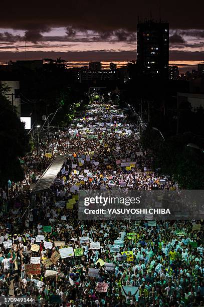 Thousands of people march in the center of Recife, state of Pernambuco, Brazil, on June 20 during a protest of what is now called the 'Tropical...