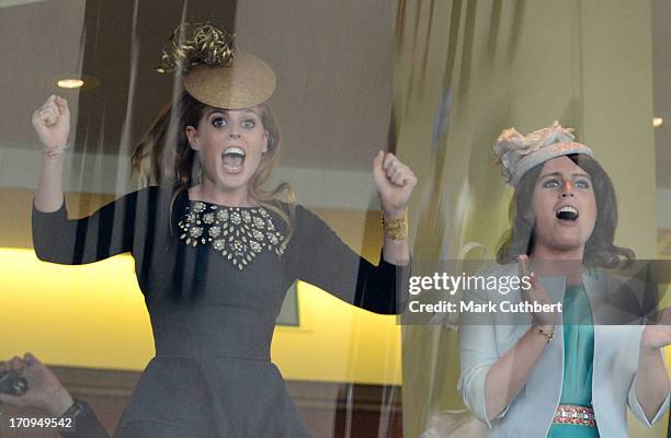 Princess Eugenie and Princess Beatrice cheer on the Queens horse "Estimate" to win The Gold Cup on Ladies Day on Day 3 of Royal Ascot at Ascot...