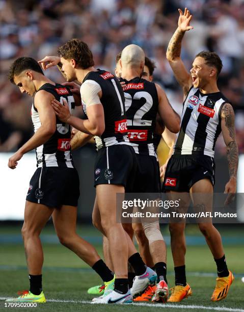 Steele Sidebottom of the Magpies celebrates a goal during the 2023 AFL Grand Final match between Collingwood Magpies and Brisbane Lions at Melbourne...