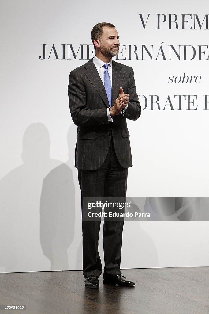 Prince Felipe of Spain Attends 'Jaime Fernandez de Araoz Sobre Corporate Finance' Awards 2013