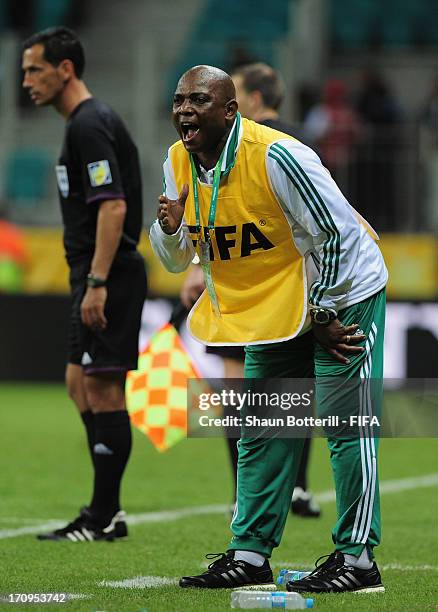 Stephen Keshi head coach of Nigeria issues instructions during the FIFA Confederations Cup Brazil 2013 Group B match between Nigeria and Uruguay at...