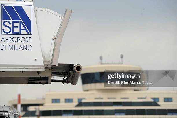 The logo of SEA - Società Esercizi Aeroporuali , is shown at Malpensa airport on June 20, 2013 in Milan, Italy. Malpensa is one of the main...