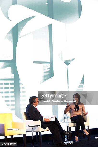 Host Thomas L. Friedman and Beth Comstock, CMO and Senior Vice President, GE speak during the Ideas at the Intersection of Design and Technology...
