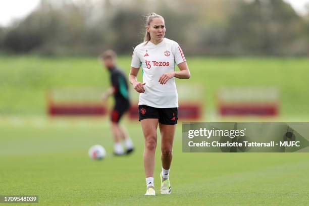 Irene Guerrero of Manchester United Women in action during a pre-season training session at Carrington Training Ground on September 29, 2023 in...