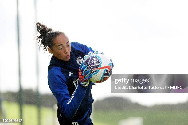 Phallon Tullis-Joyce of Manchester United Women in action during a pre-season training session at Carrington Training Ground on September 29, 2023 in...