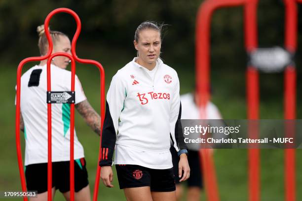 Lisa Naalsund of Manchester United Women in action during a pre-season training session at Carrington Training Ground on September 29, 2023 in...