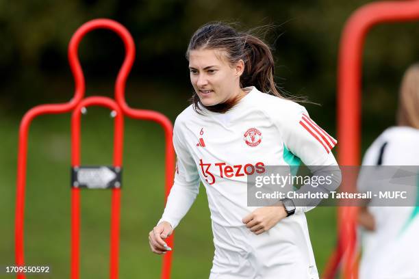 Hannah Blundell of Manchester United Women in action during a pre-season training session at Carrington Training Ground on September 29, 2023 in...