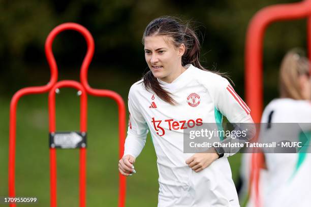 Hannah Blundell of Manchester United Women in action during a pre-season training session at Carrington Training Ground on September 29, 2023 in...