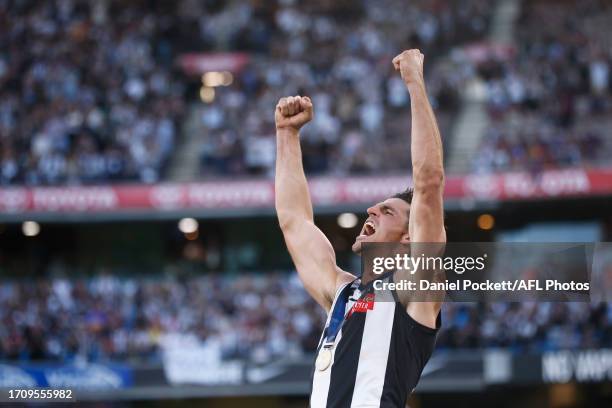 Scott Pendlebury of the Magpies celebrates after winning the 2023 AFL Grand Final match between Collingwood Magpies and Brisbane Lions at Melbourne...