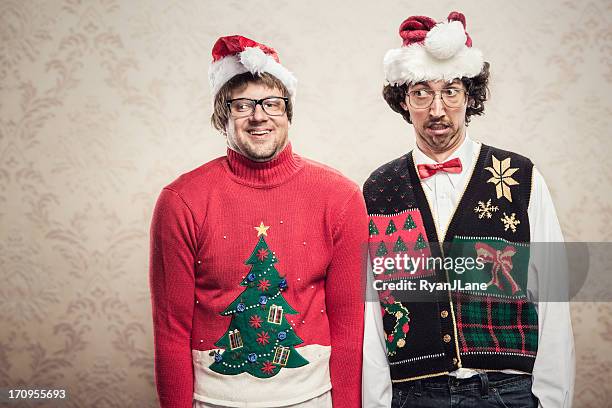 christmas sweater nerds - ugly people stock pictures, royalty-free photos & images