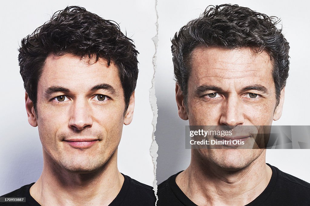 Portrait of man beside old version of himself