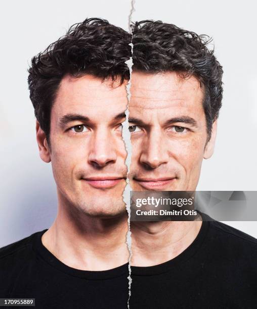 portrait of man beside old version of himself - facelift stock pictures, royalty-free photos & images