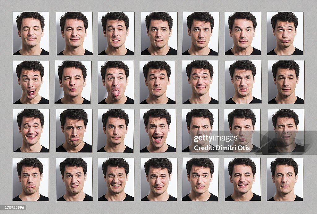 Multiple portraits of mans face, many expressions