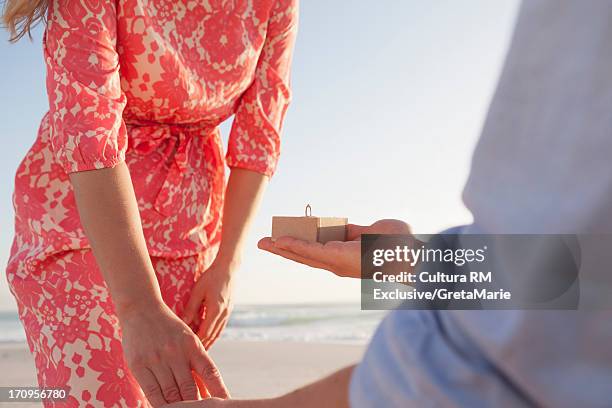 man proposing to woman on beach - team engagement stock pictures, royalty-free photos & images