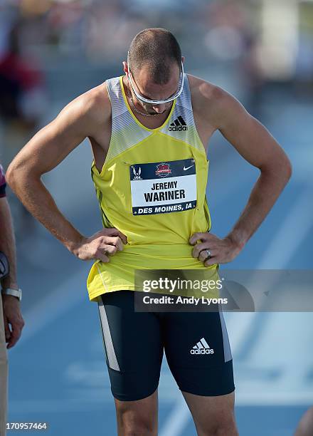 Jeremy Wariner looks downward after finishing last in the opening round of the Mens' 400 Meter on day one of the 2013 USA Outdoor Track & Field...