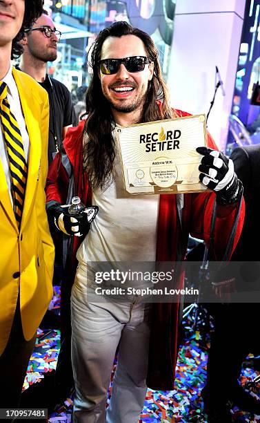 Andrew W.K. Breaks world record for drumming in a retail store in New York during the MTV, VH1, CMT & LOGO 2013 O Music Awards on June 20, 2013 in...