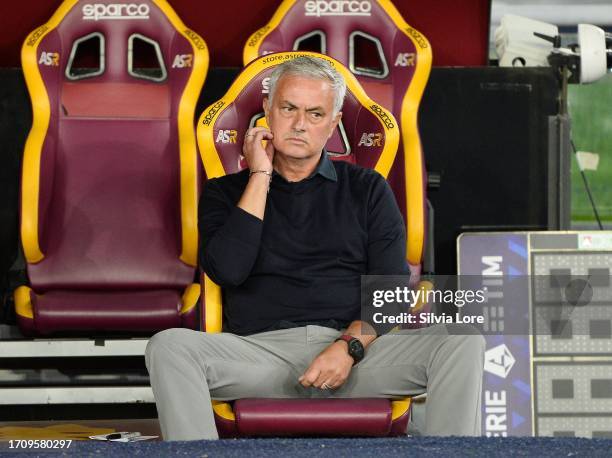 Jose Mourinho head coach of AS Roma gestures during the Serie A TIM match between AS Roma and Empoli FC at Stadio Olimpico on September 17, 2023 in...