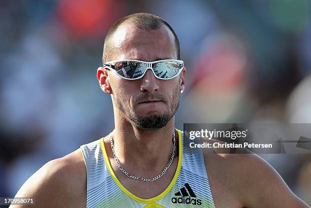 Jeremy Wariner reacts after competing in the Men's 400 Meter Dash on day one of the 2013 USA Outdoor Track & Field Championships at Drake Stadium on...