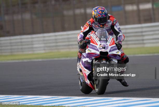 Jorge Martin of Spain and Pramac Racingheads down a straight during the MotoGP of Japan - Sprint at Twin Ring Motegi on September 30, 2023 in Motegi,...