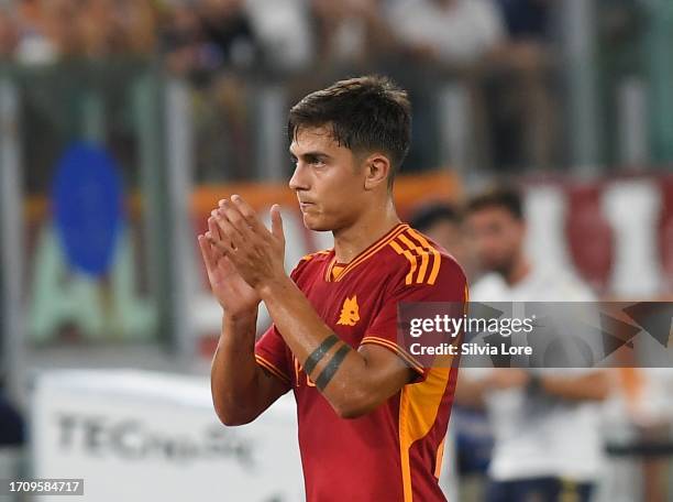 Paulo Dybala of AS Roma celebrates after scoring goal 4-0 during the Serie A TIM match between AS Roma and Empoli FC at Stadio Olimpico on September...