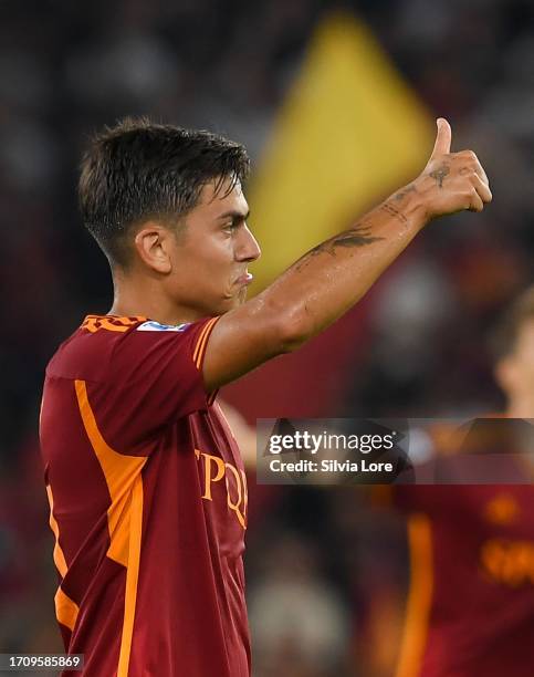 Paulo Dybala of AS Roma gestures during the Serie A TIM match between AS Roma and Empoli FC at Stadio Olimpico on September 17, 2023 in Rome, Italy.