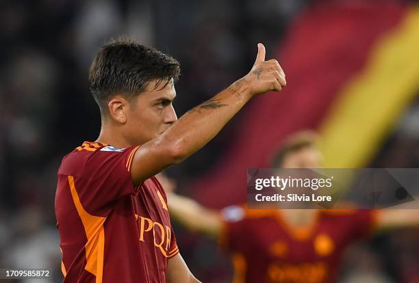 Paulo Dybala of AS Roma gestures during the Serie A TIM match between AS Roma and Empoli FC at Stadio Olimpico on September 17, 2023 in Rome, Italy.