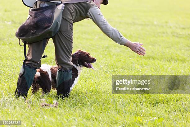 guardabosque con su perro - perro adiestrado fotografías e imágenes de stock