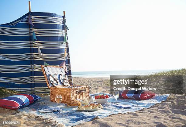 picnic layed out on beach. - beach shelter stockfoto's en -beelden