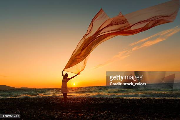 woman silhouette - woman flying scarf stock pictures, royalty-free photos & images