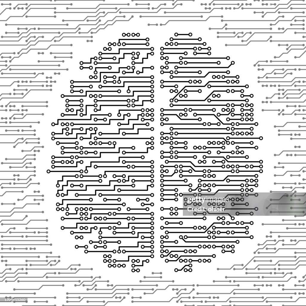 Top view of a distinctive black circuit board, meticulously shaped like a brain, enclosed by intricate gray circuitry.