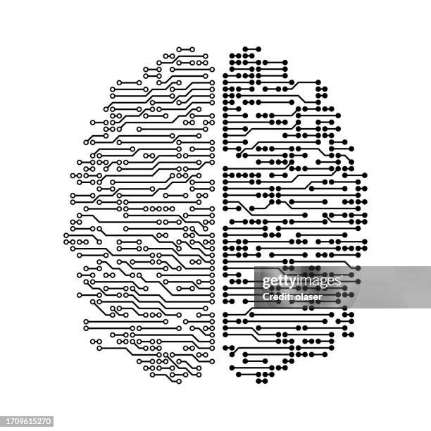 overhead view of a brain-shaped circuit board highlighting distinctive wiring patterns between the left and right hemispheres. - man and machine stock illustrations