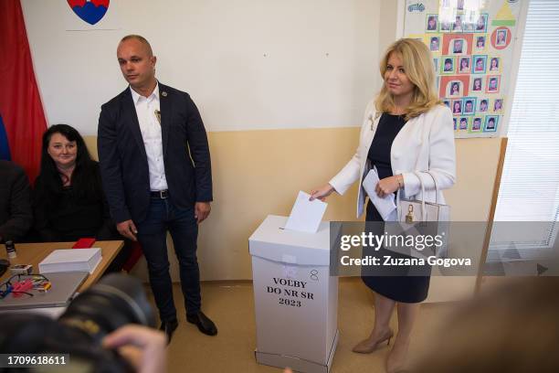 Slovak President Zuzana Caputova casts her ballot at a polling station in Slovak parliamentary elections on September 30, 2023 in Pezinok, Slovakia....