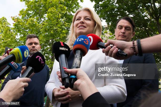 Slovak President Zuzana Caputova speaks to the media at polling station as voting takes place in the Slovak parliamentary elections on September 30,...