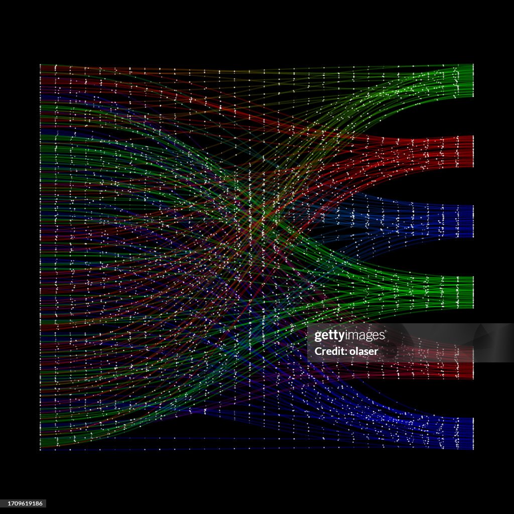 Dynamic representation of data bits moving along vibrant, multicolored curves grouped into five distinct lanes, symbolizing data transmission.