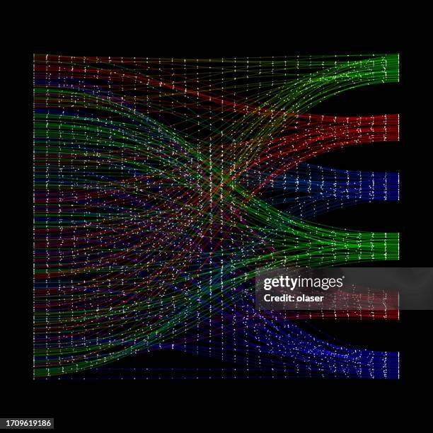 dynamic representation of data bits moving along vibrant, multicolored curves grouped into five distinct lanes, symbolizing data transmission. - fibre cable stock illustrations